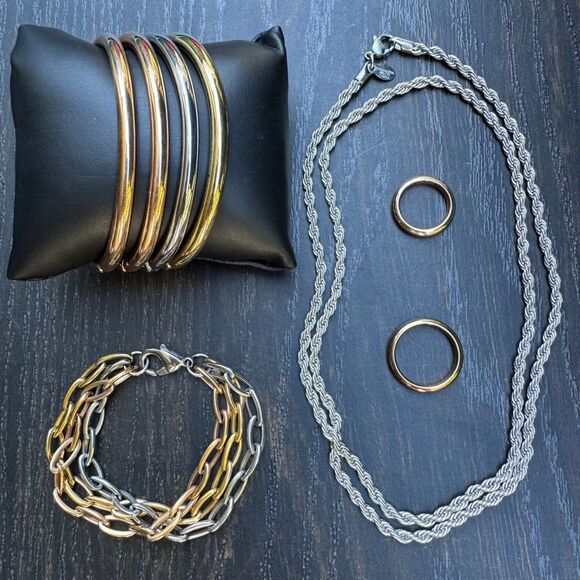 Milor Lot Bangle Bracelets Rope Chain Necklace Silver/ Gold Tone Stainless Steel - Picture 2 of 15